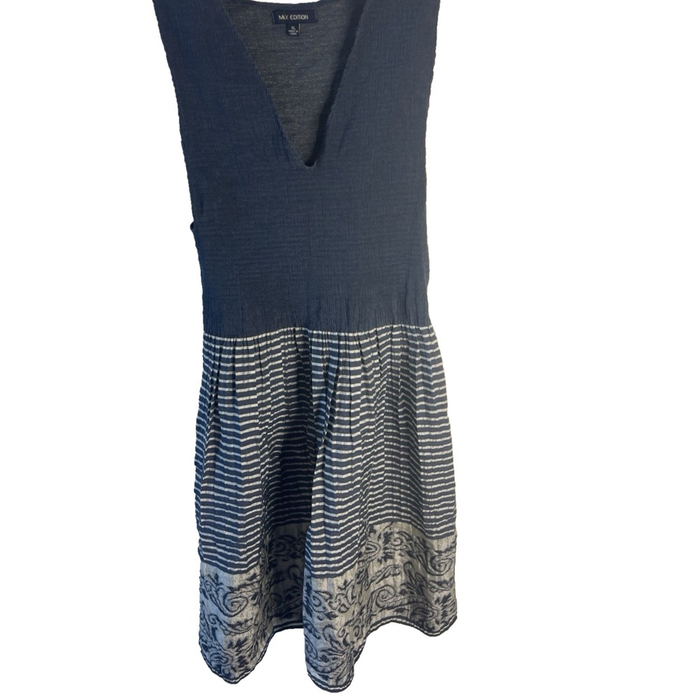 Vtg Textured Stretch Dress Women XL Neutral V Neck Blue Cottage